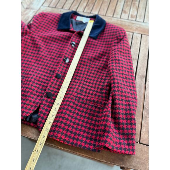 Vintage Rena Rowan Saville 14 Red Black Houndstooth Tweed Lambswool Wool Jacket - Picture 7 of 7